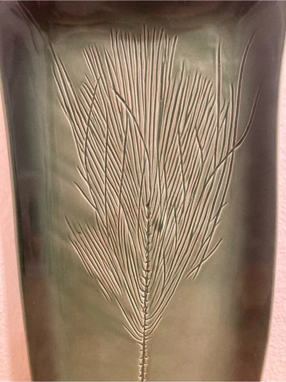 Kay Wayne Signed Studio Art Pottery Pine Needle Branch Green Rectangular Serving
